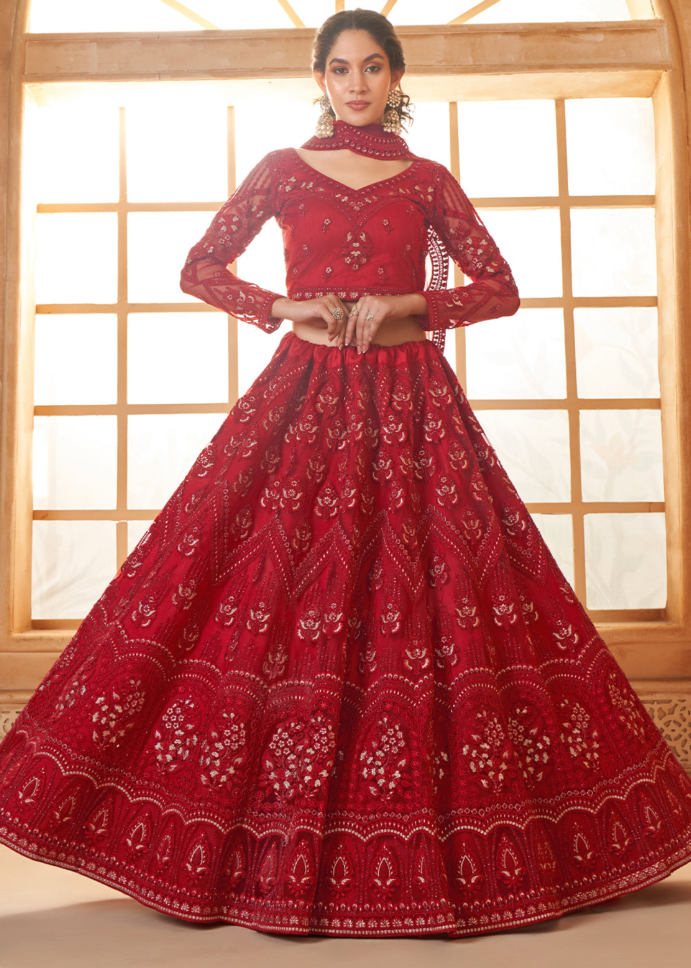 Berry Red Embroidered Lehenga Choli with Stone Work and Cording Details