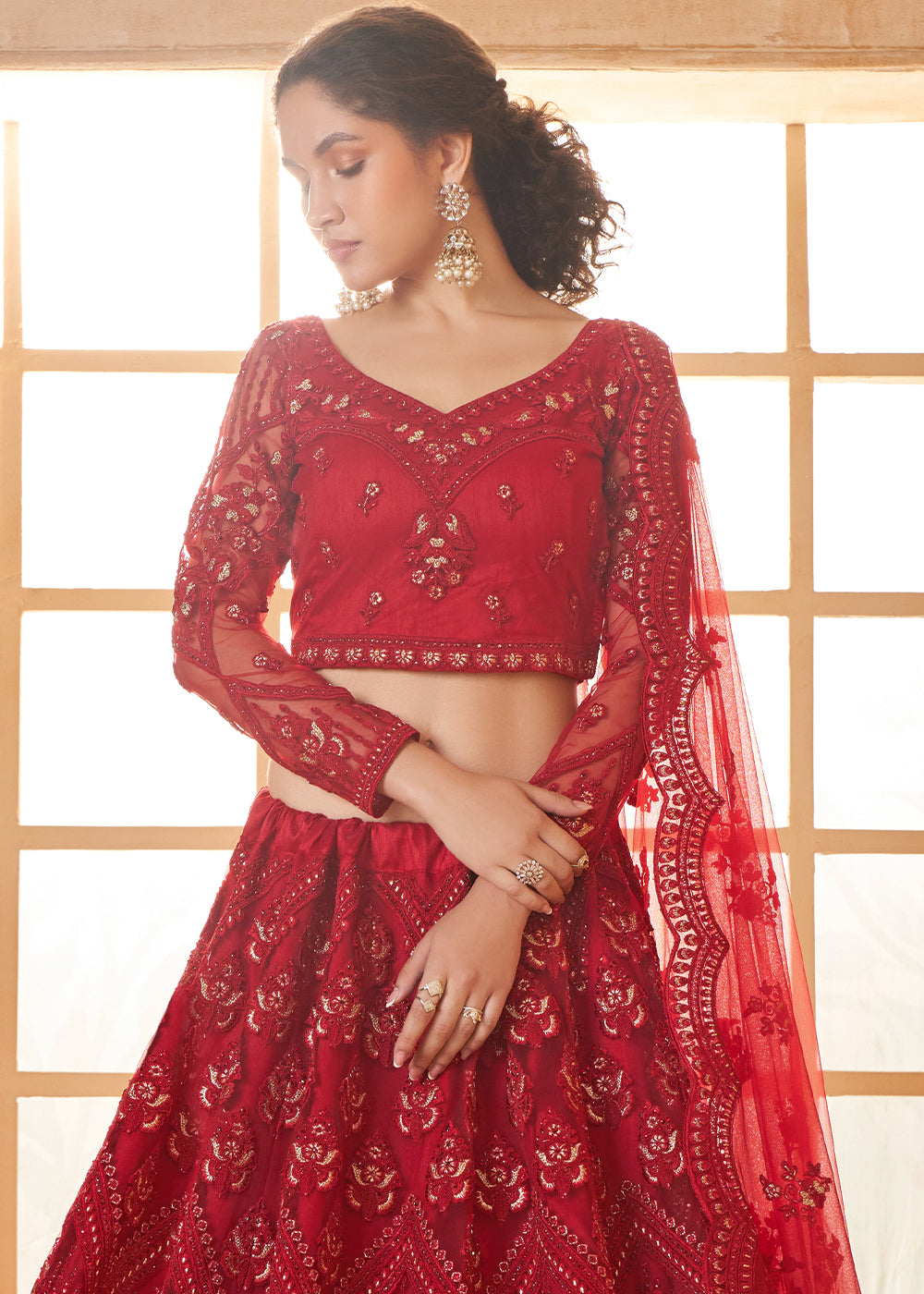 Berry Red Embroidered Lehenga Choli with Stone Work and Cording Details