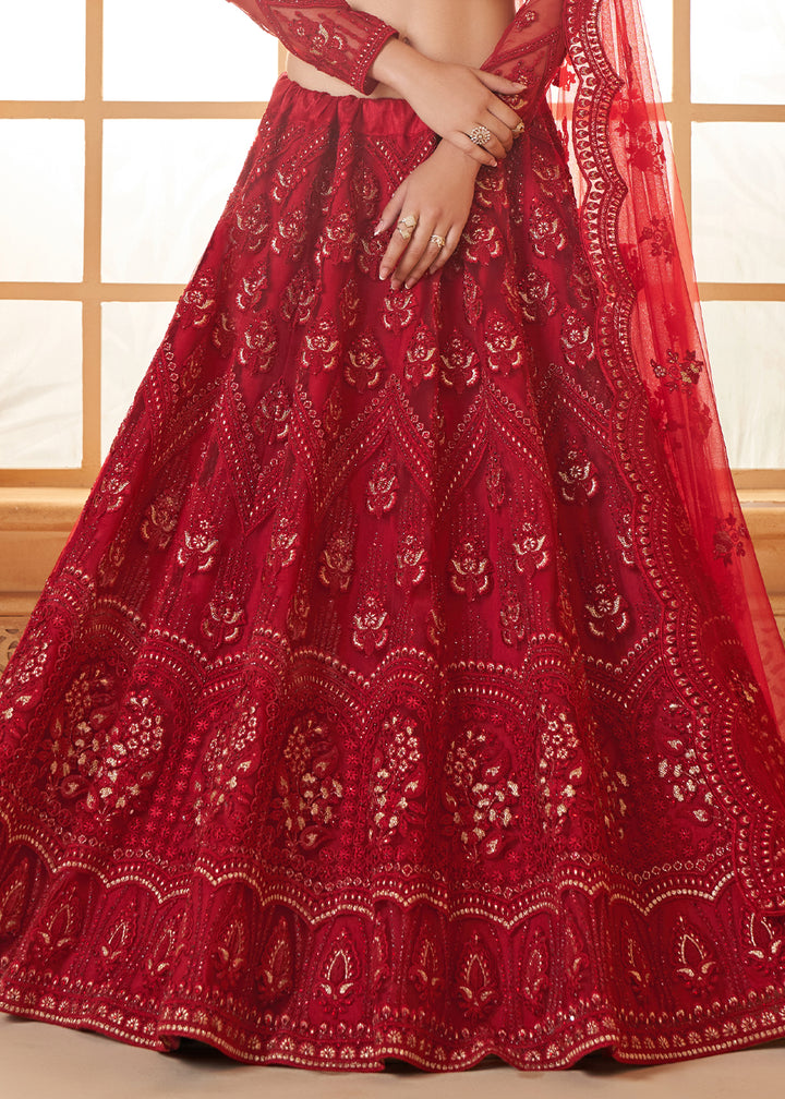 Berry Red Embroidered Lehenga Choli with Stone Work and Cording Details