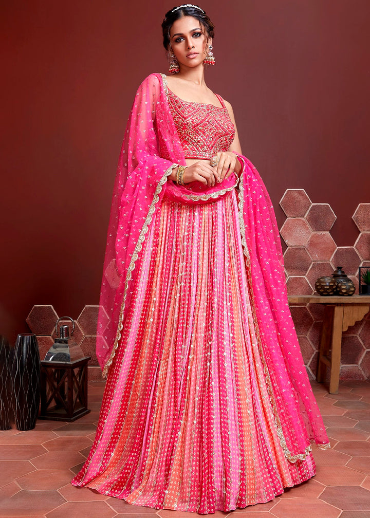 Hot Pink Digital Printed Chinon Silk Lehenga & Heavy Embroidery with Mirror work