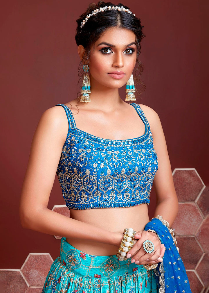 Shades Of Blue Digital Printed Chinon Silk Lehenga & Heavy Embroidery with Mirror work