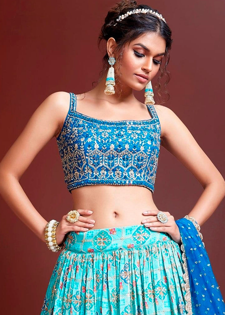 Shades Of Blue Digital Printed Chinon Silk Lehenga & Heavy Embroidery with Mirror work