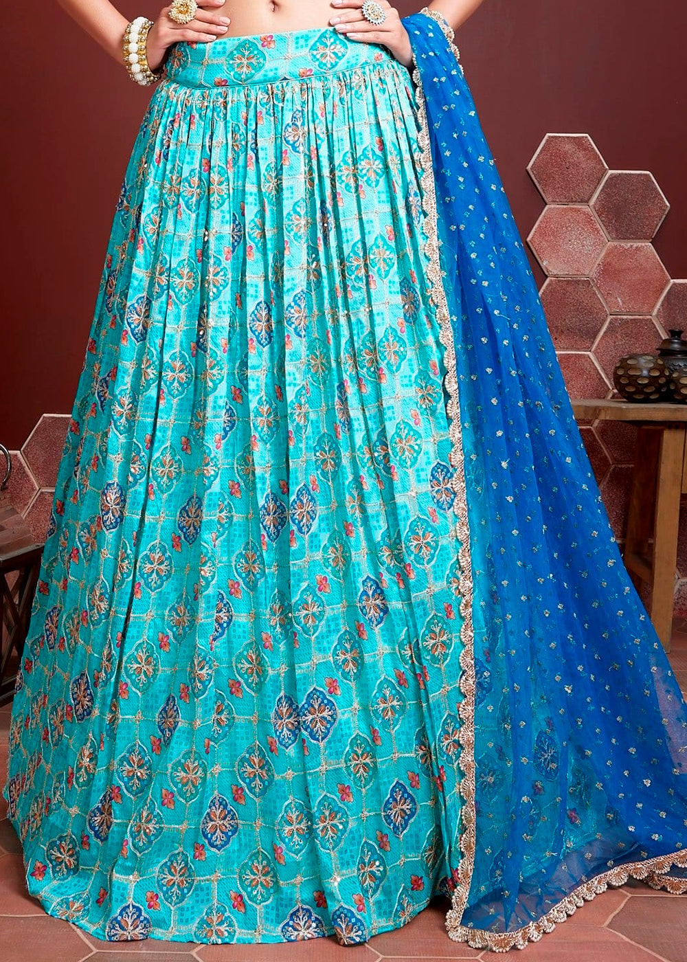 Shades Of Blue Digital Printed Chinon Silk Lehenga & Heavy Embroidery with Mirror work