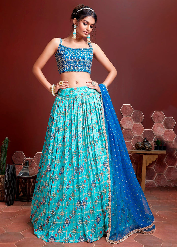 Shades Of Blue Digital Printed Chinon Silk Lehenga & Heavy Embroidery with Mirror work