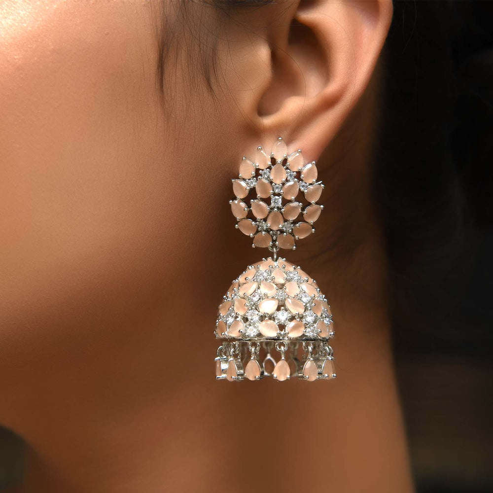 Jiya Peach Silver Plated American Diamond Jhumki