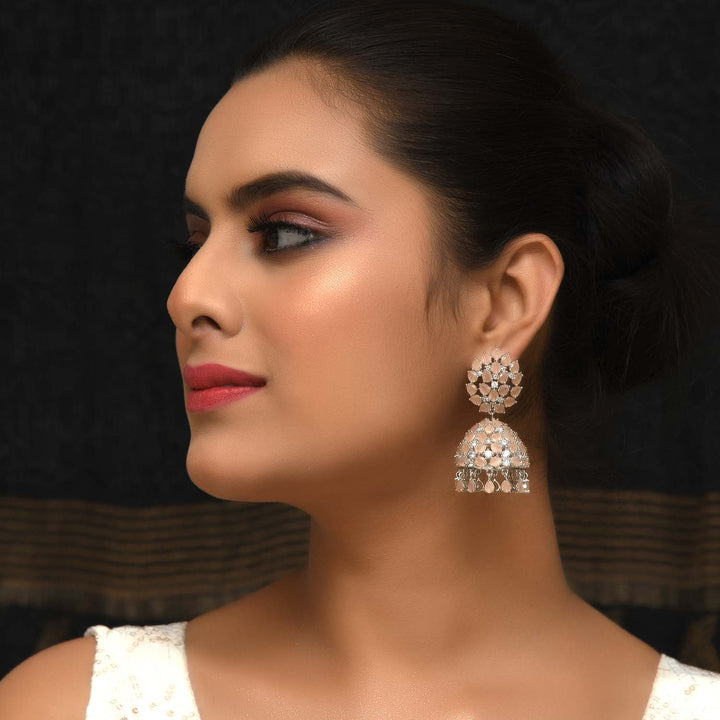 Jiya Peach Silver Plated American Diamond Jhumki