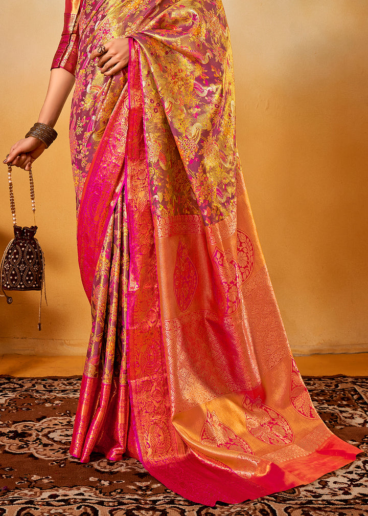 Pink & Golden Zari-Woven Silk Saree with Bold Contrast Border