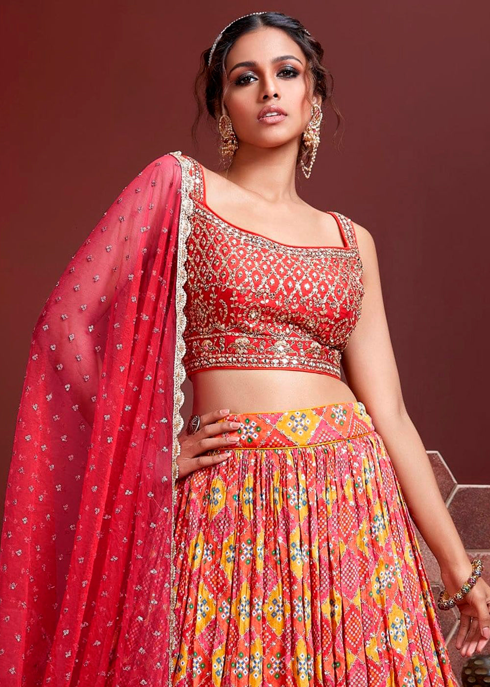 Red & Yellow Digital Printed Chinon Silk Lehenga & Heavy Embroidery with Mirror work