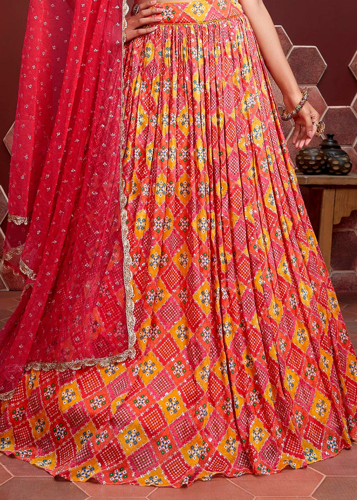 Red & Yellow Digital Printed Chinon Silk Lehenga & Heavy Embroidery with Mirror work