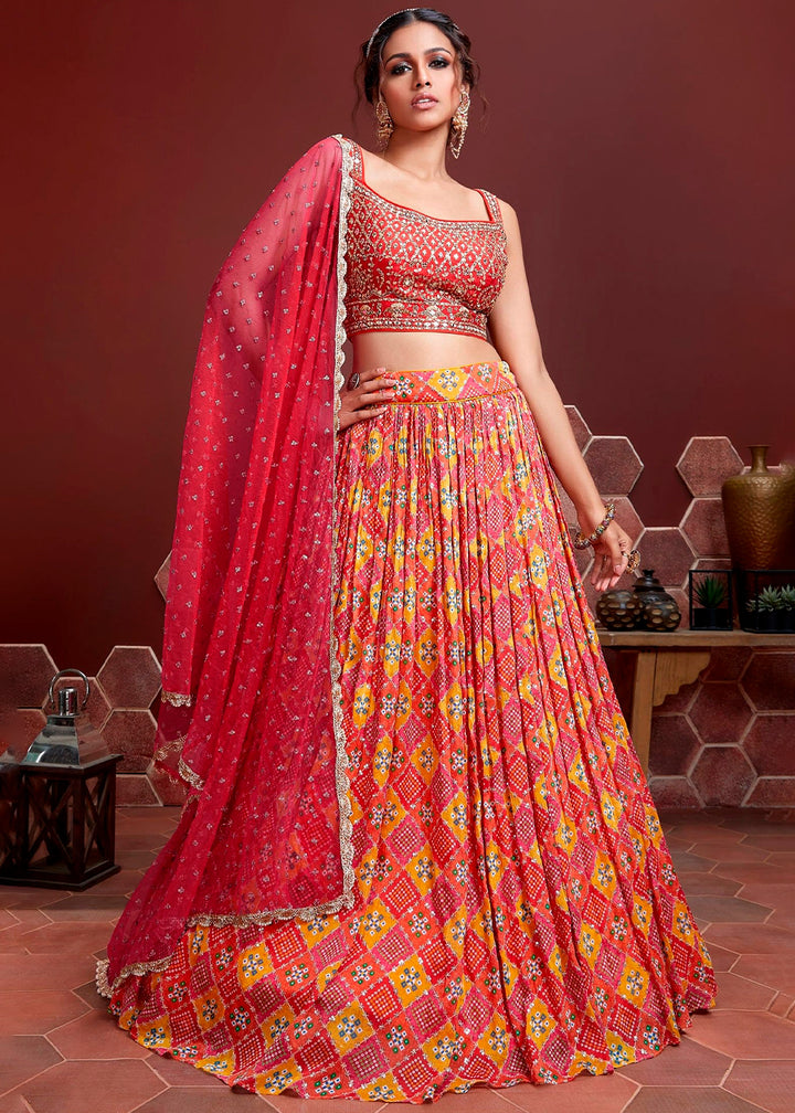 Red & Yellow Digital Printed Chinon Silk Lehenga & Heavy Embroidery with Mirror work