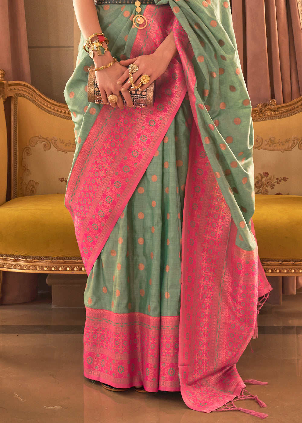 Green & Pink Bamboo Copper Zari Woven Handloom Silk Saree