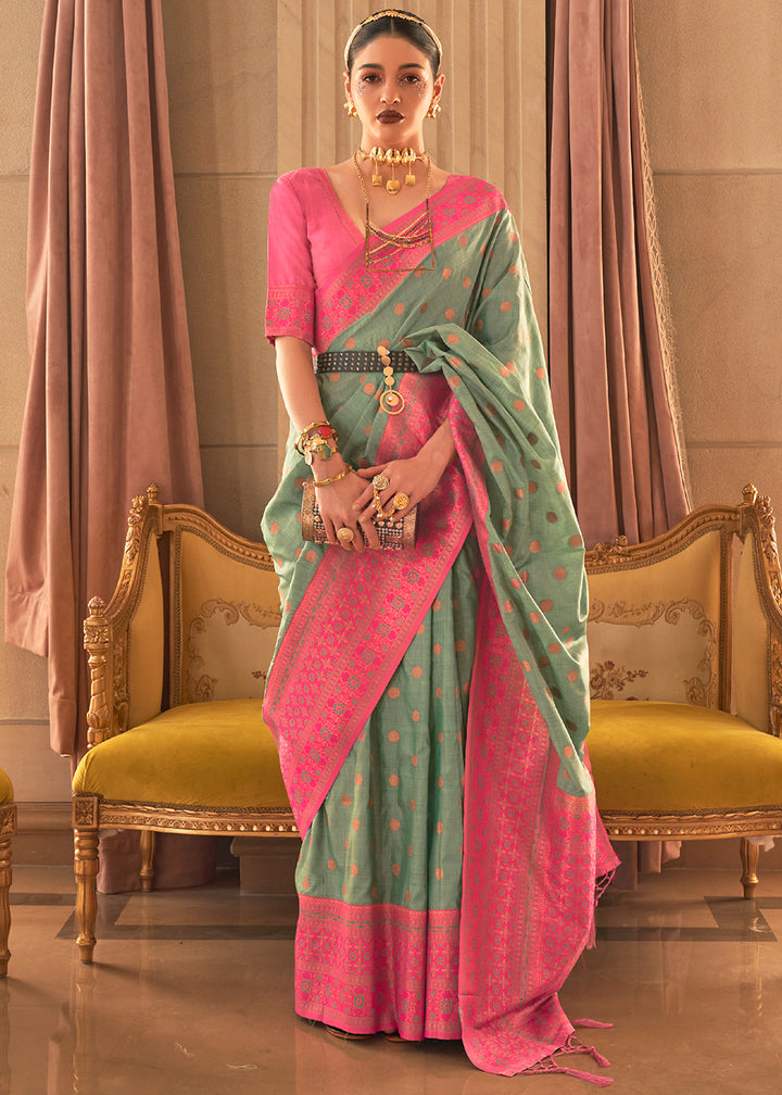 Green & Pink Bamboo Copper Zari Woven Handloom Silk Saree