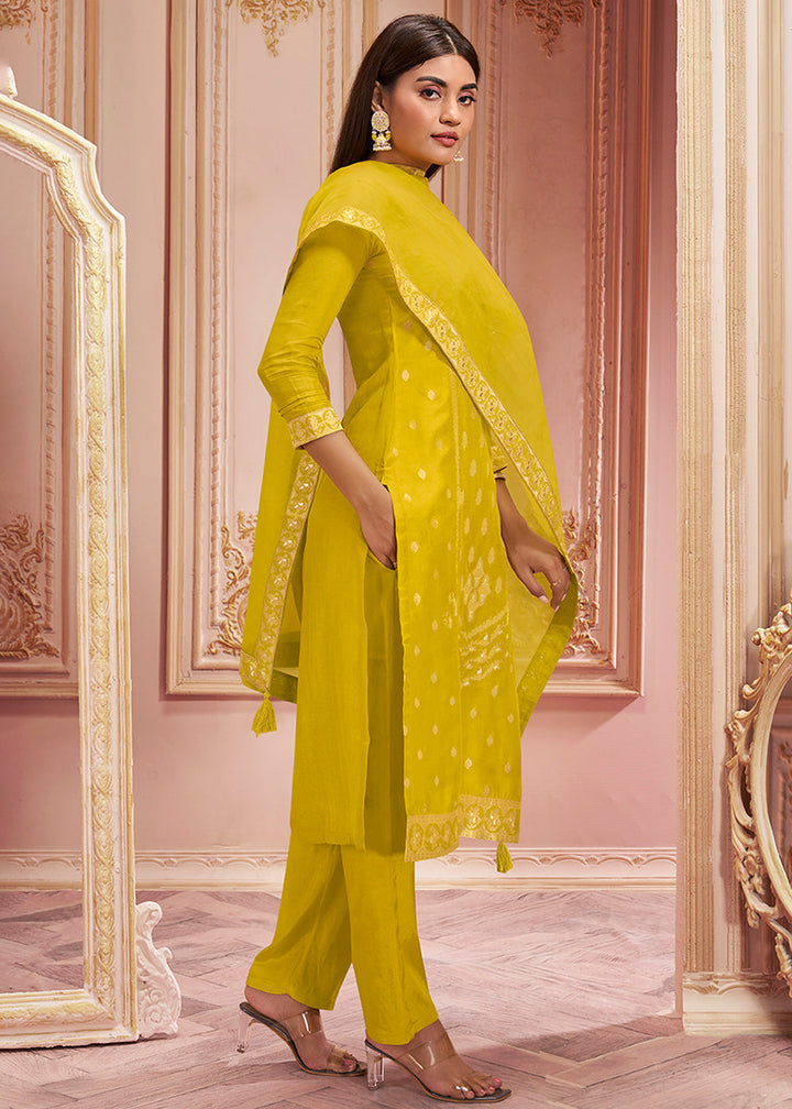 Lemon Yellow Dola Silk Suit Featuring Jacquard Pattern Weaving