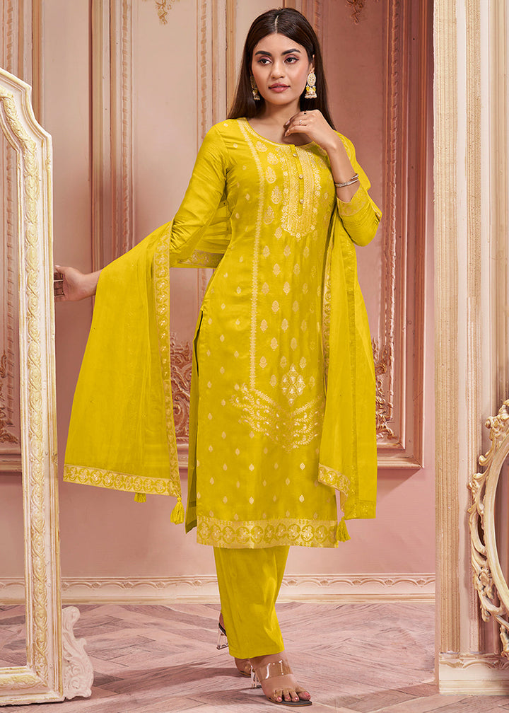 Lemon Yellow Dola Silk Suit Featuring Jacquard Pattern Weaving