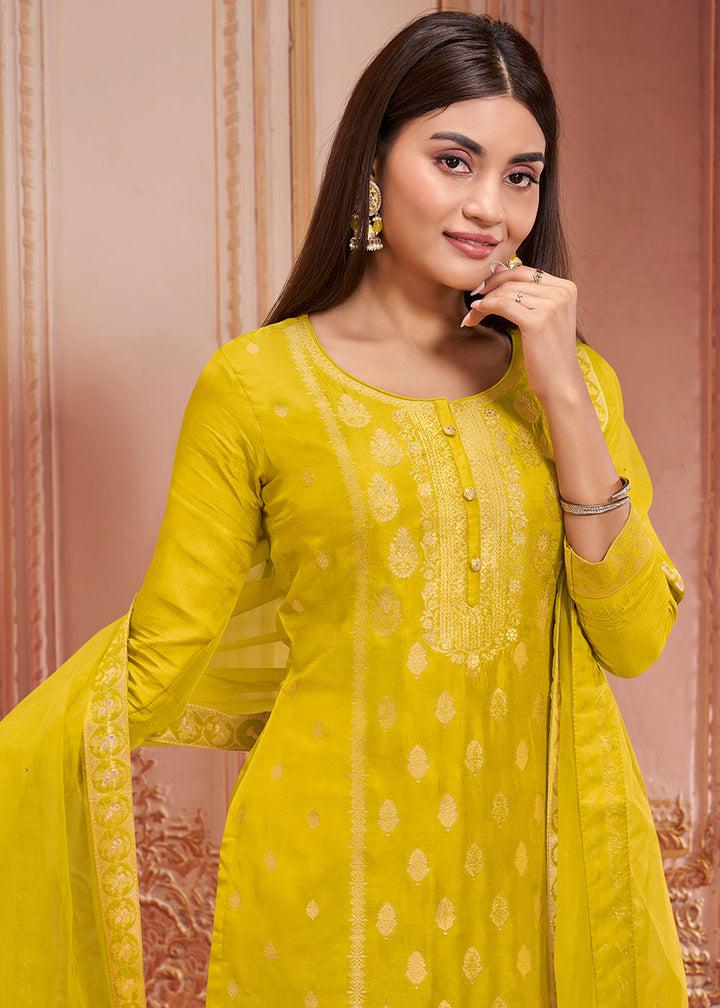 Lemon Yellow Dola Silk Suit Featuring Jacquard Pattern Weaving