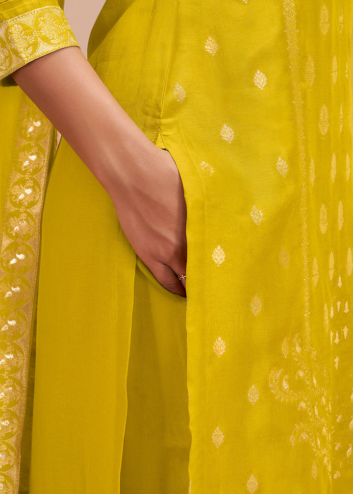 Lemon Yellow Dola Silk Suit Featuring Jacquard Pattern Weaving