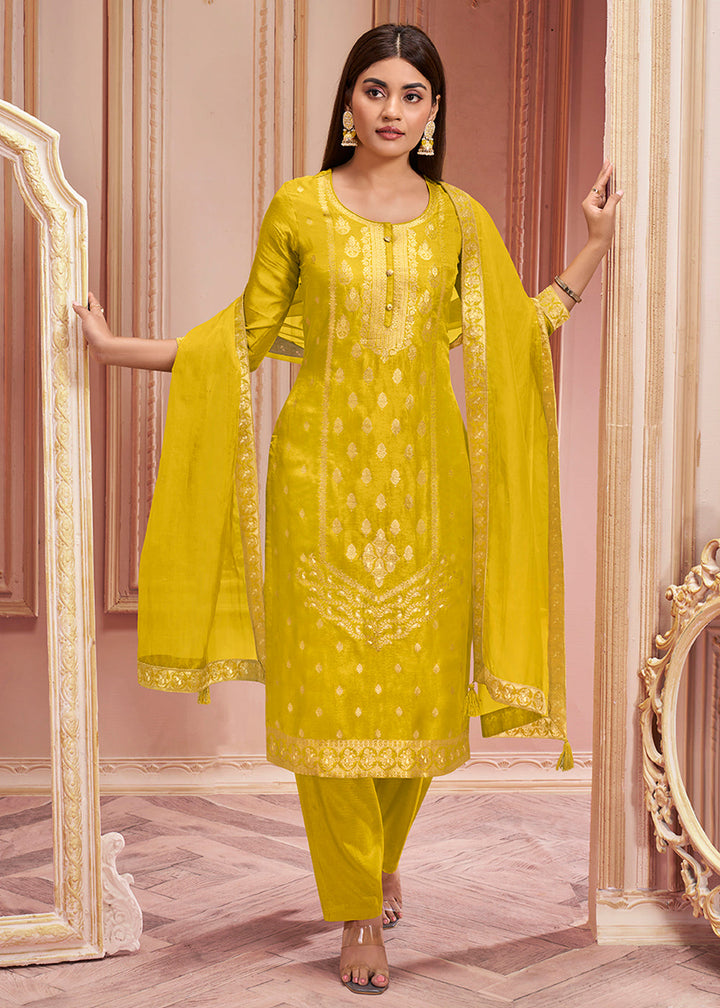 Lemon Yellow Dola Silk Suit Featuring Jacquard Pattern Weaving