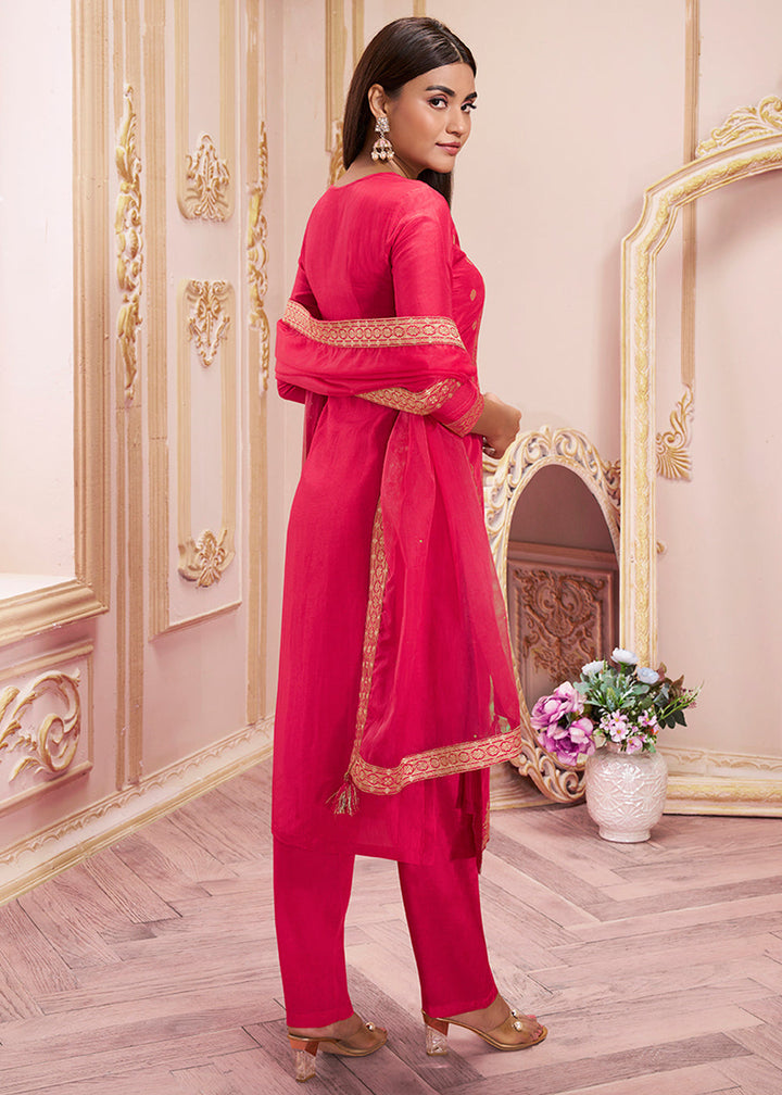 Cerise Pink Dola Silk Suit Featuring Jacquard Pattern Weaving