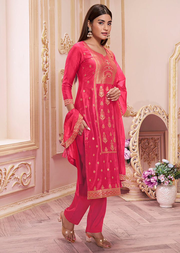 Cerise Pink Dola Silk Suit Featuring Jacquard Pattern Weaving