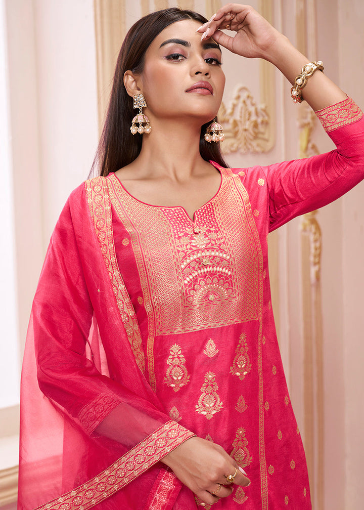 Cerise Pink Dola Silk Suit Featuring Jacquard Pattern Weaving