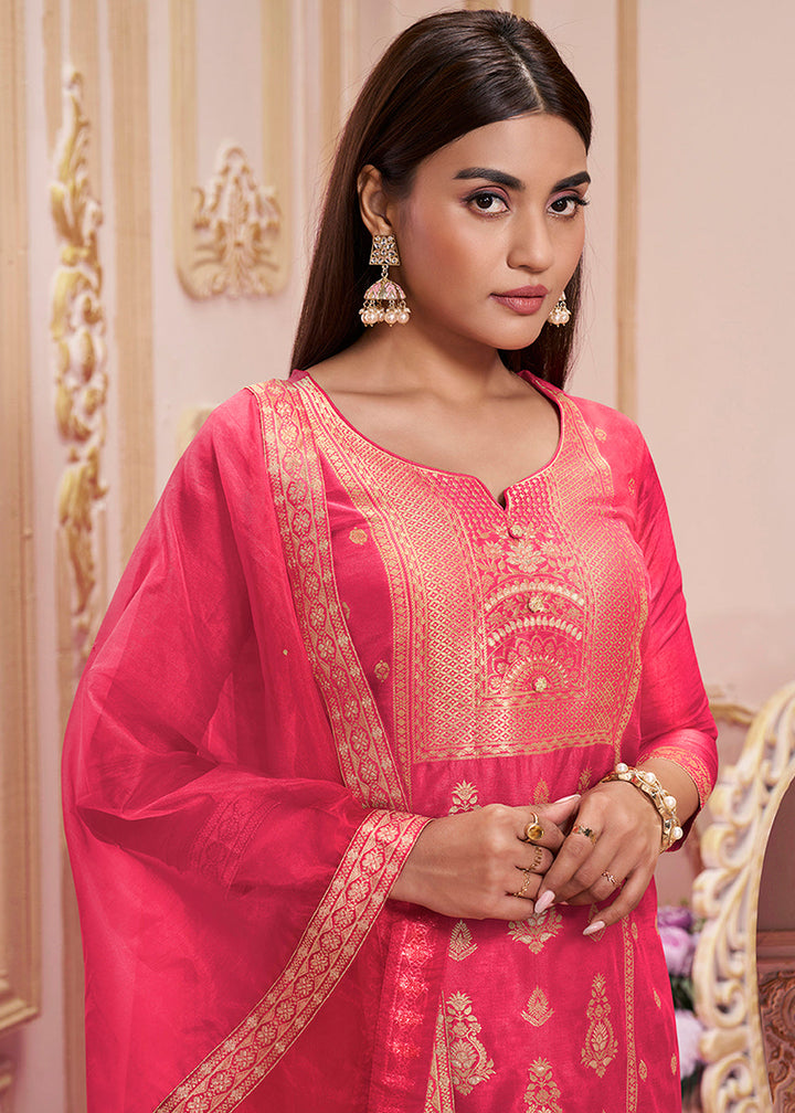 Cerise Pink Dola Silk Suit Featuring Jacquard Pattern Weaving