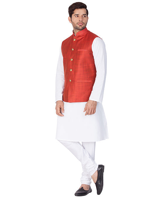 Sarvati Men's White Cotton Blend Kurta, Ethnic Jacket and Pyjama Set