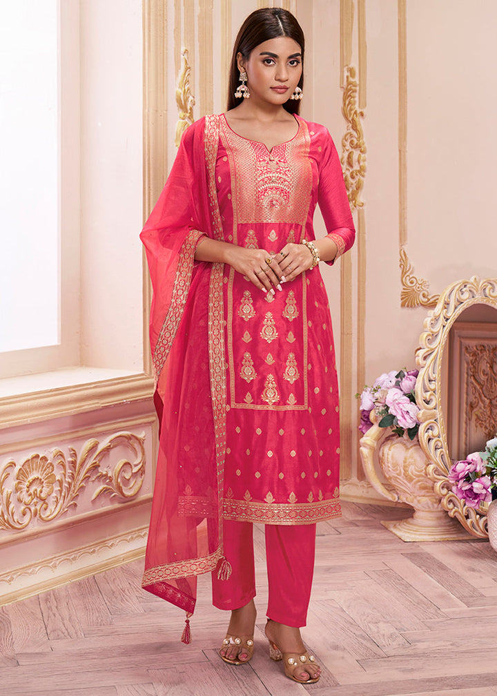 Cerise Pink Dola Silk Suit Featuring Jacquard Pattern Weaving