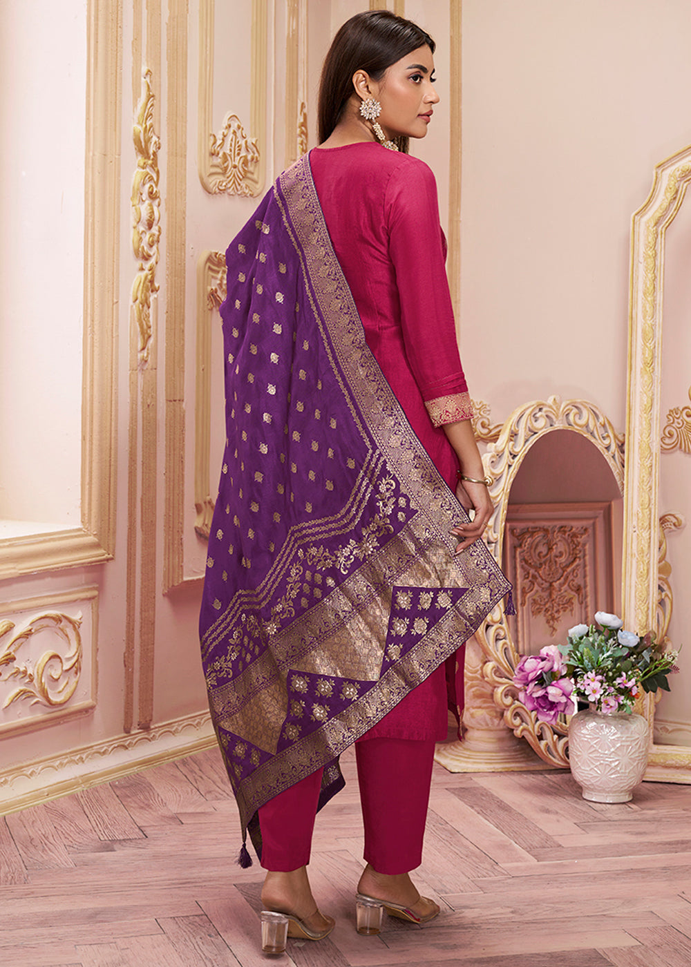 Magenta Pink & Purple Dola Silk Suit Featuring Jacquard Pattern Weaving