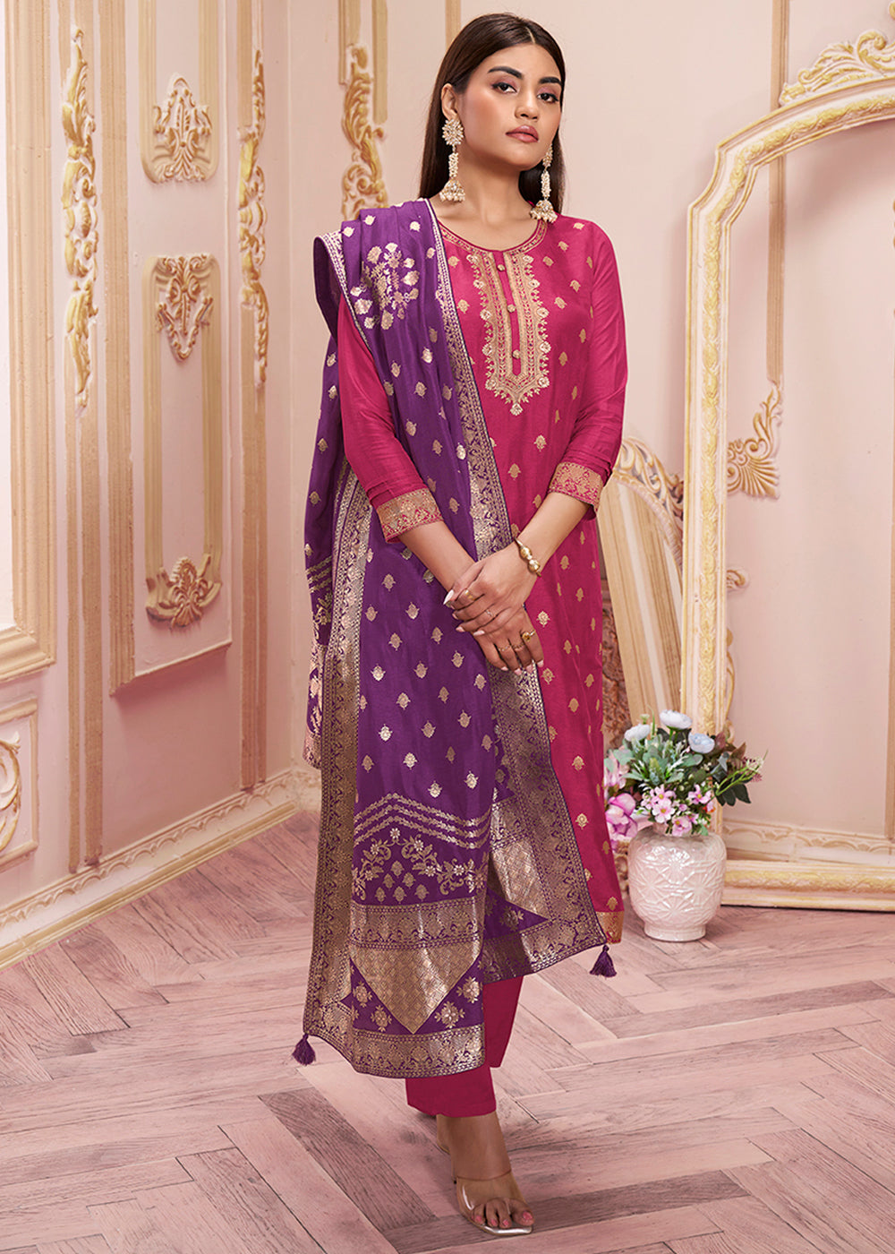 Magenta Pink & Purple Dola Silk Suit Featuring Jacquard Pattern Weaving