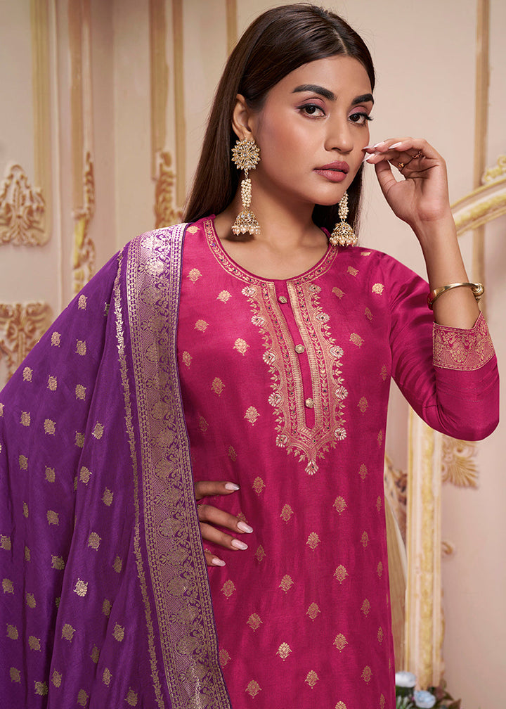 Magenta Pink & Purple Dola Silk Suit Featuring Jacquard Pattern Weaving