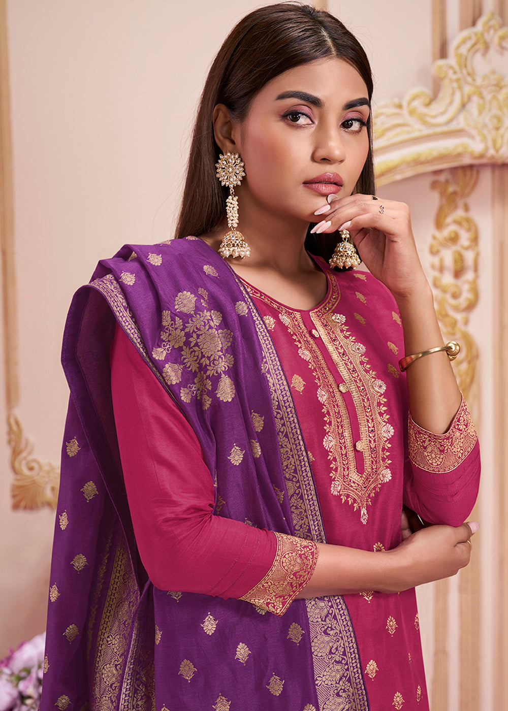 Magenta Pink & Purple Dola Silk Suit Featuring Jacquard Pattern Weaving