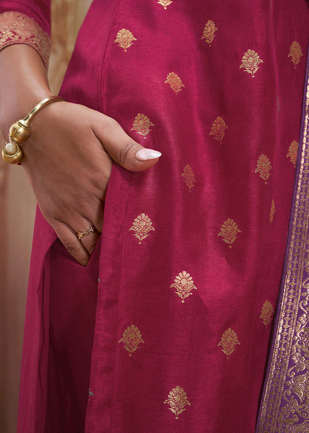 Magenta Pink & Purple Dola Silk Suit Featuring Jacquard Pattern Weaving