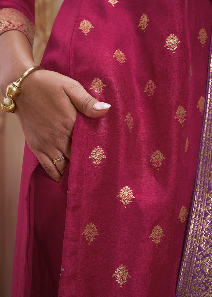 Magenta Pink & Purple Dola Silk Suit Featuring Jacquard Pattern Weaving