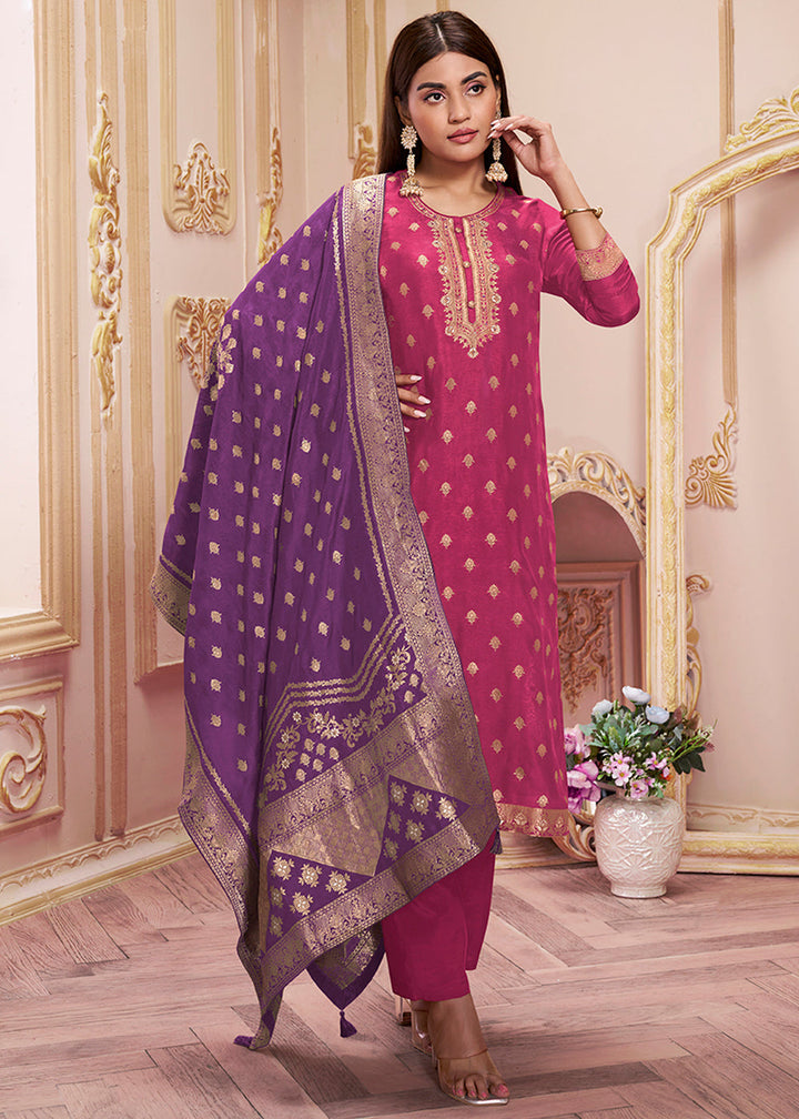 Magenta Pink & Purple Dola Silk Suit Featuring Jacquard Pattern Weaving