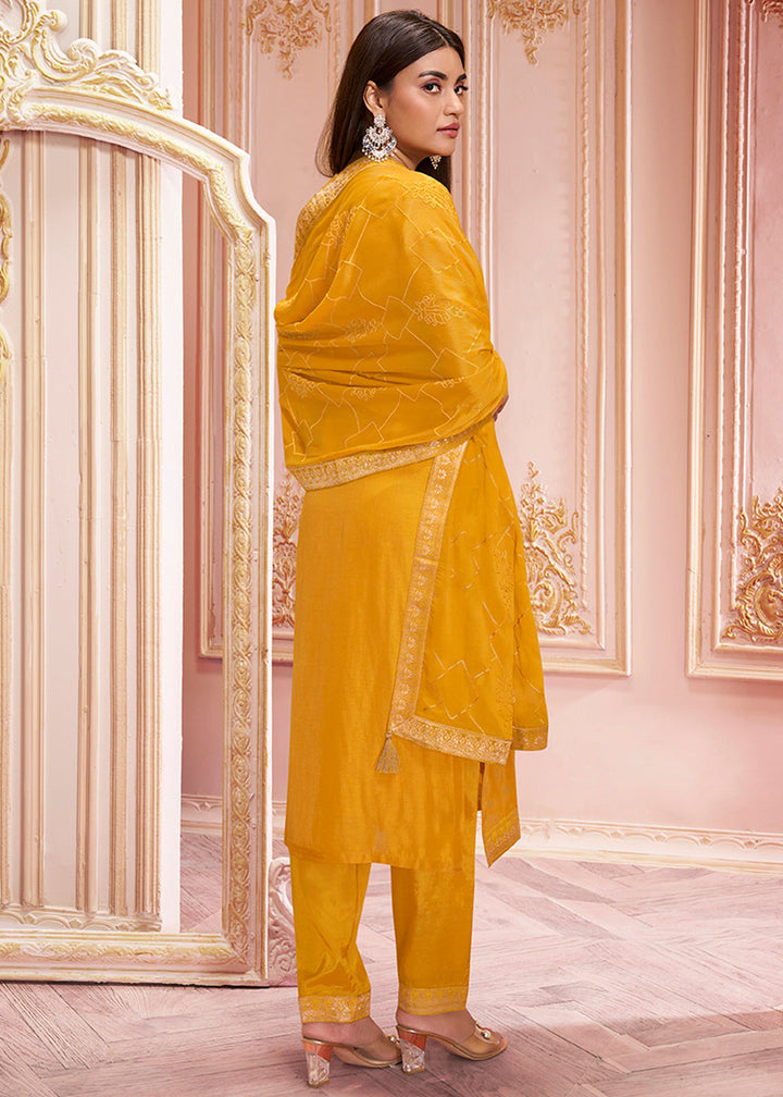 Mustard Yellow Dola Silk Suit Featuring Jacquard Pattern Weaving