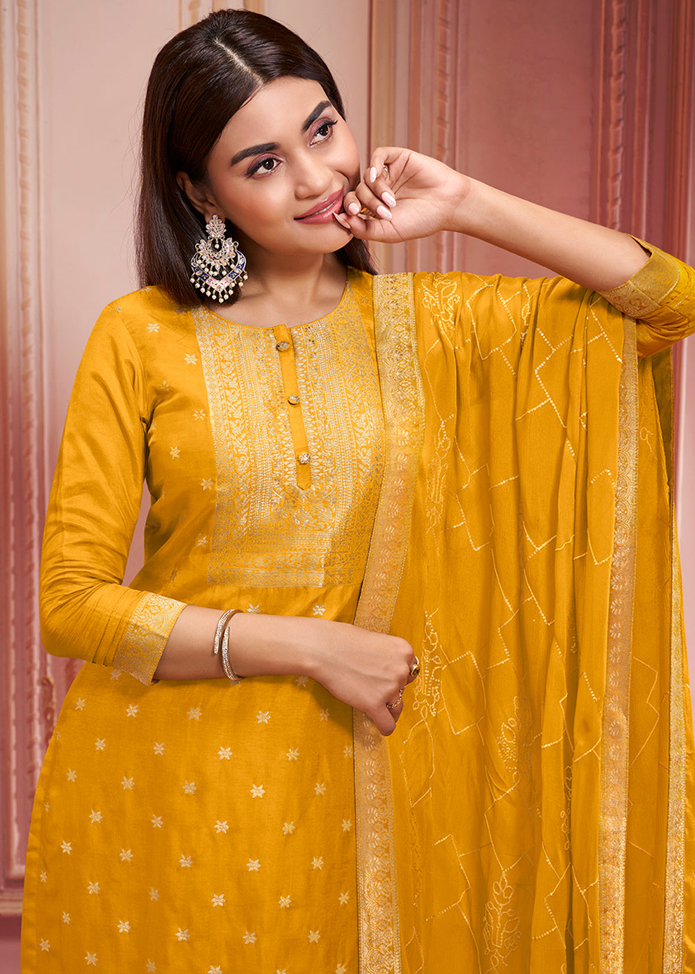 Mustard Yellow Dola Silk Suit Featuring Jacquard Pattern Weaving