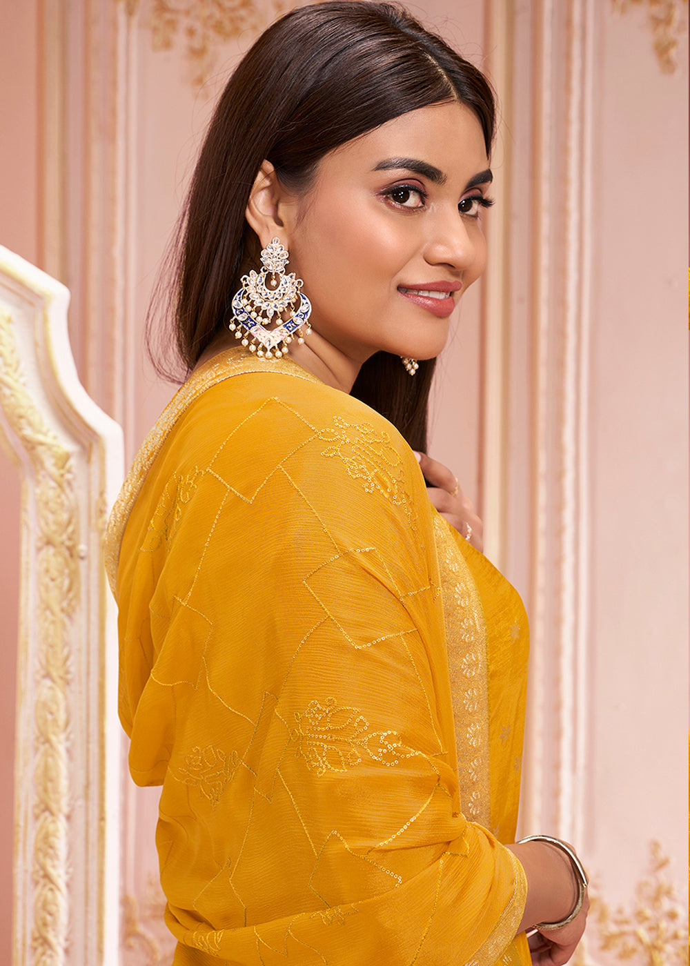 Mustard Yellow Dola Silk Suit Featuring Jacquard Pattern Weaving