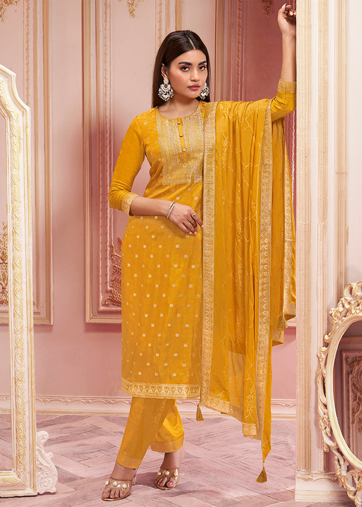 Mustard Yellow Dola Silk Suit Featuring Jacquard Pattern Weaving