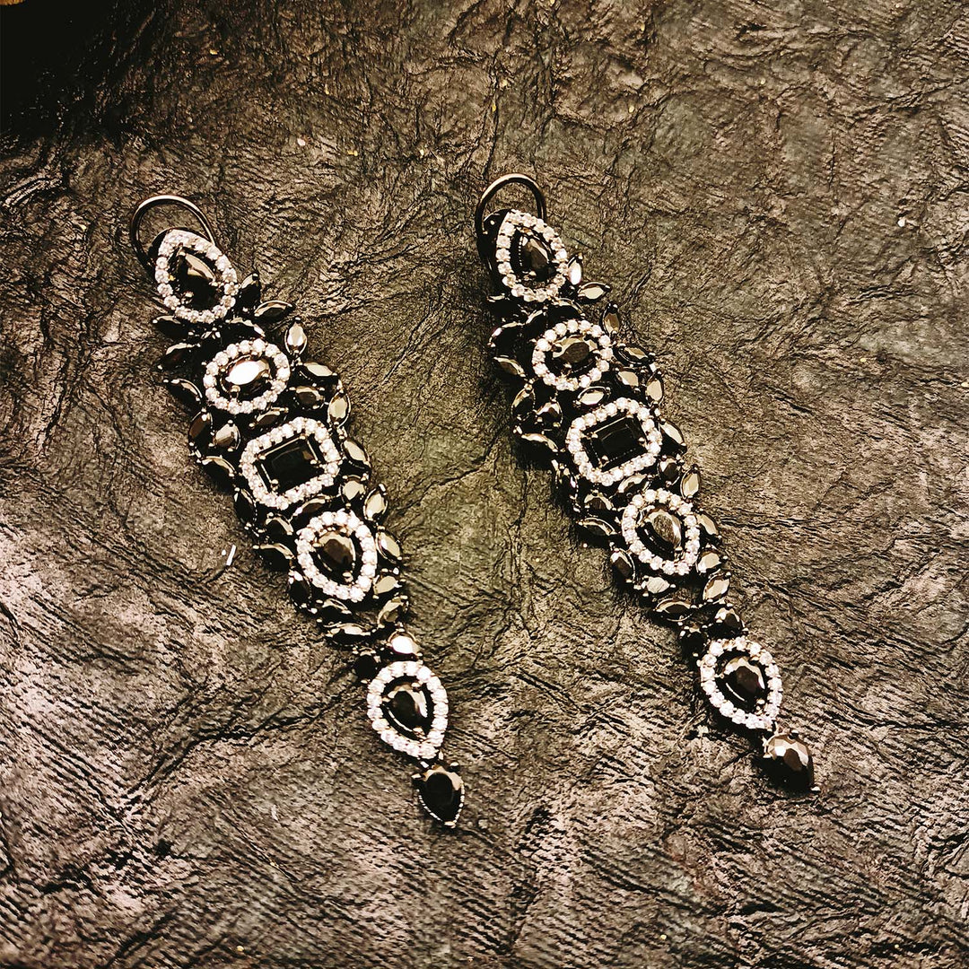 Epshita Black Stone Diamond Victorian Earrings