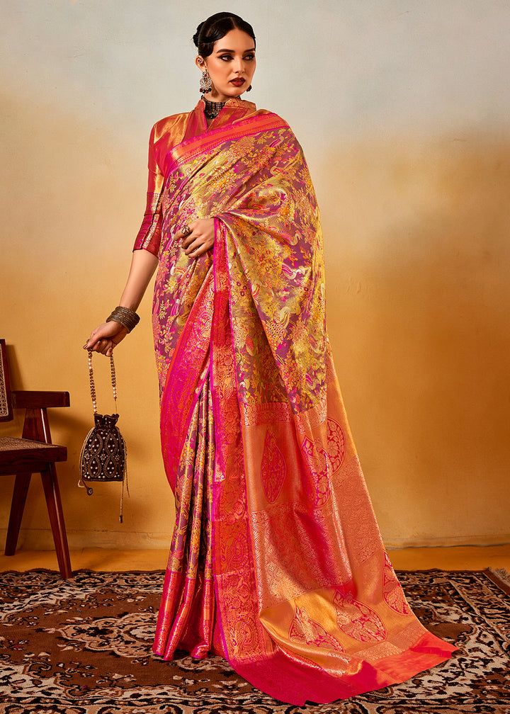 Pink & Golden Zari-Woven Silk Saree with Bold Contrast Border