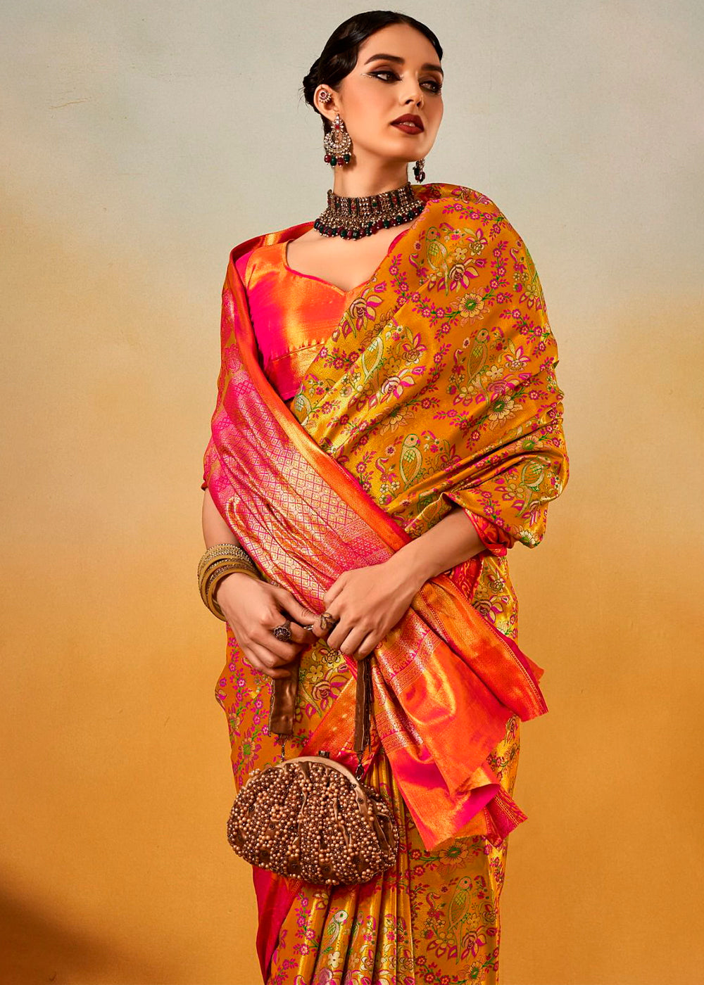 Yellow & Pink Zari-Woven Silk Saree with Bold Contrast Border