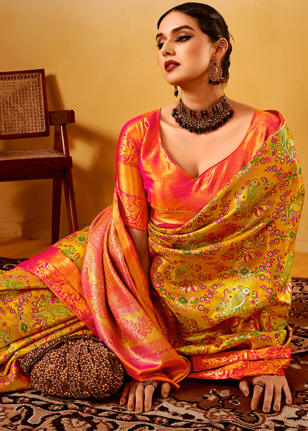 Yellow & Pink Zari-Woven Silk Saree with Bold Contrast Border