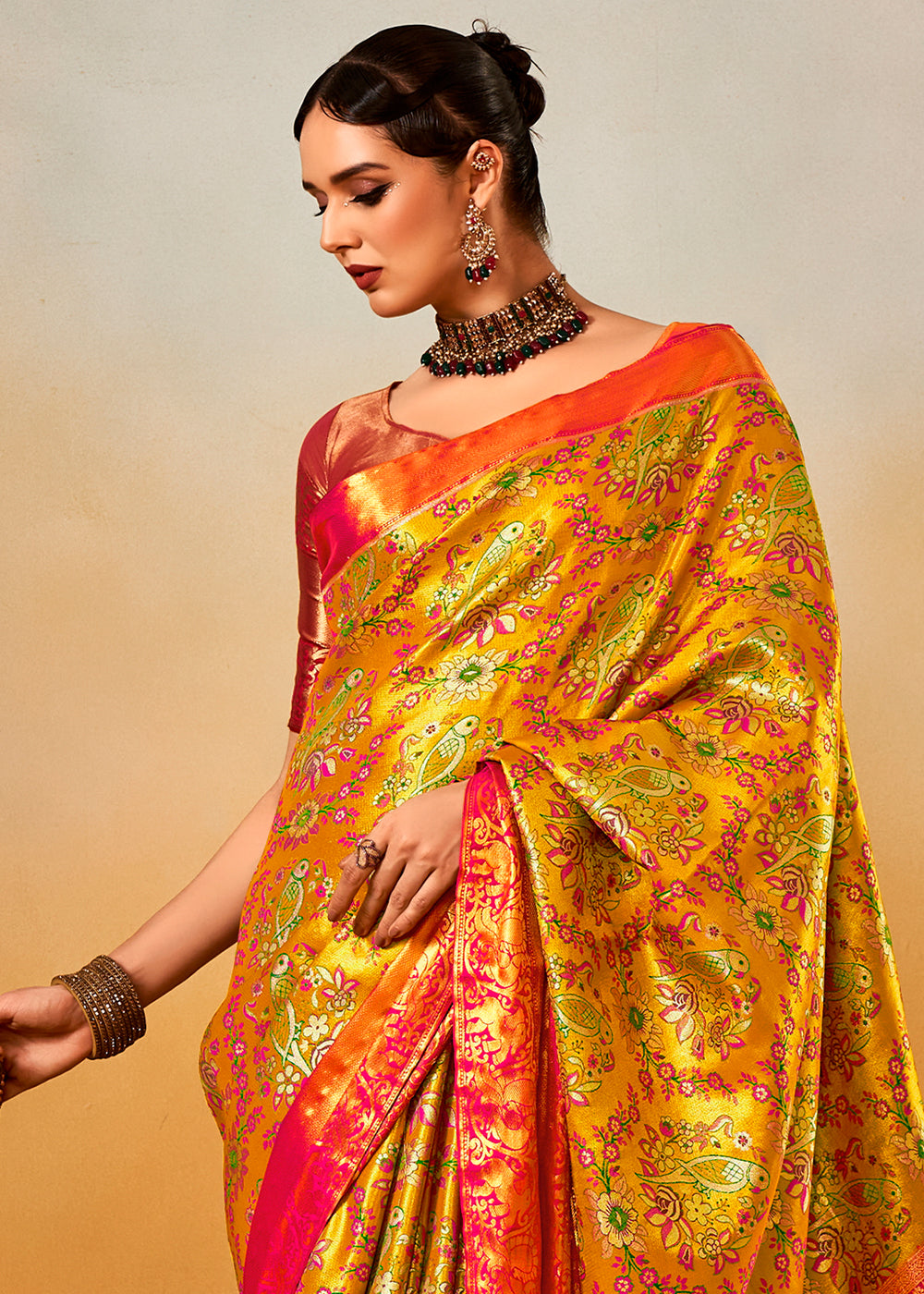 Yellow & Pink Zari-Woven Silk Saree with Bold Contrast Border