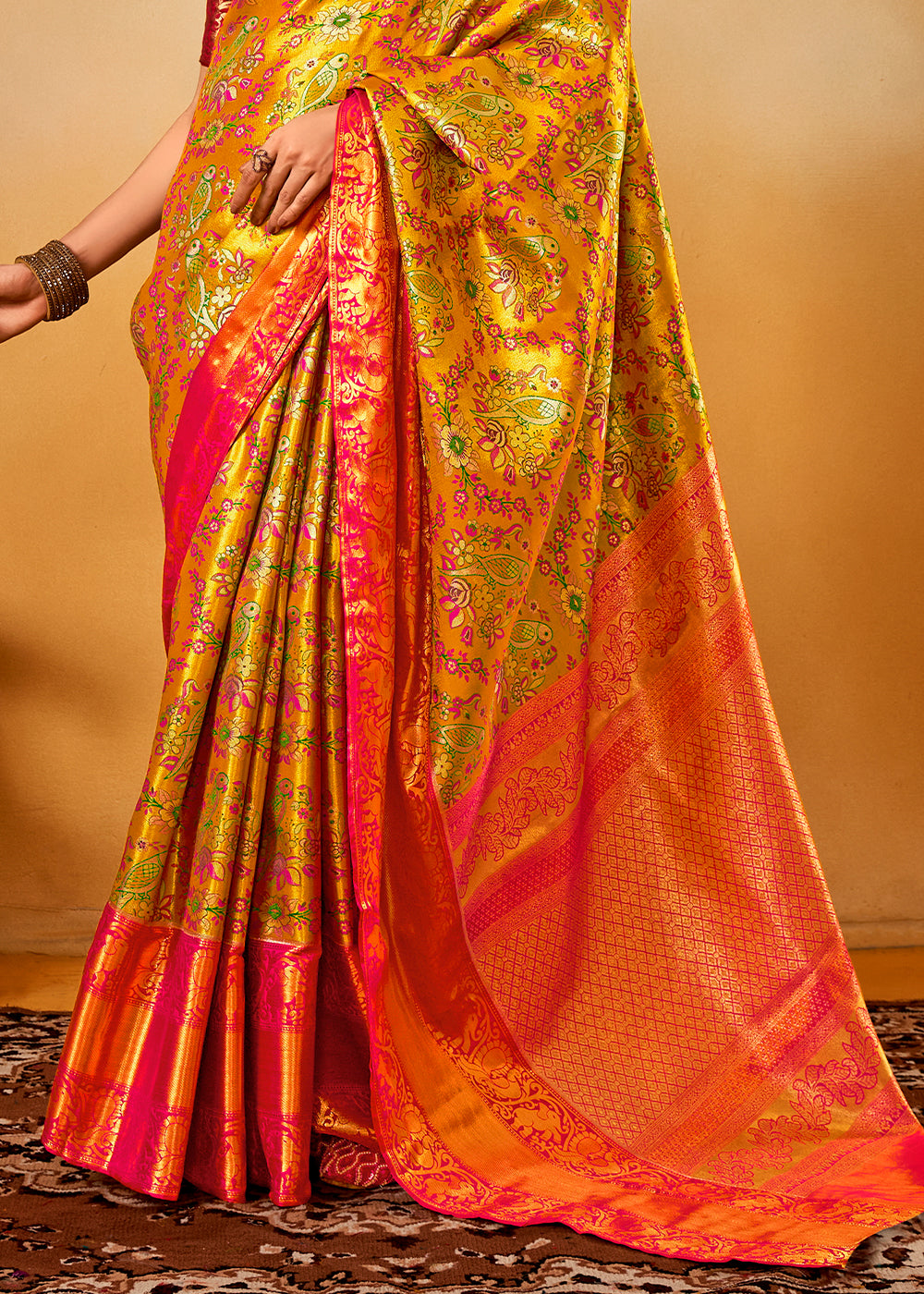 Yellow & Pink Zari-Woven Silk Saree with Bold Contrast Border