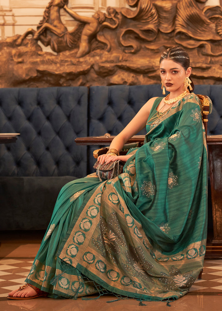 Dark Cyan Green Handloom Woven Tussar Silk Saree with Sequence work