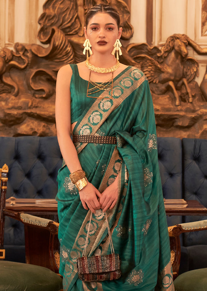 Dark Cyan Green Handloom Woven Tussar Silk Saree with Sequence work