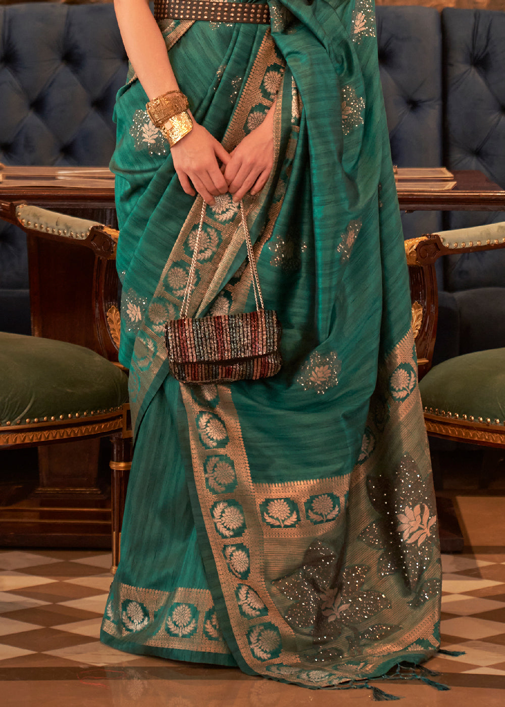 Dark Cyan Green Handloom Woven Tussar Silk Saree with Sequence work