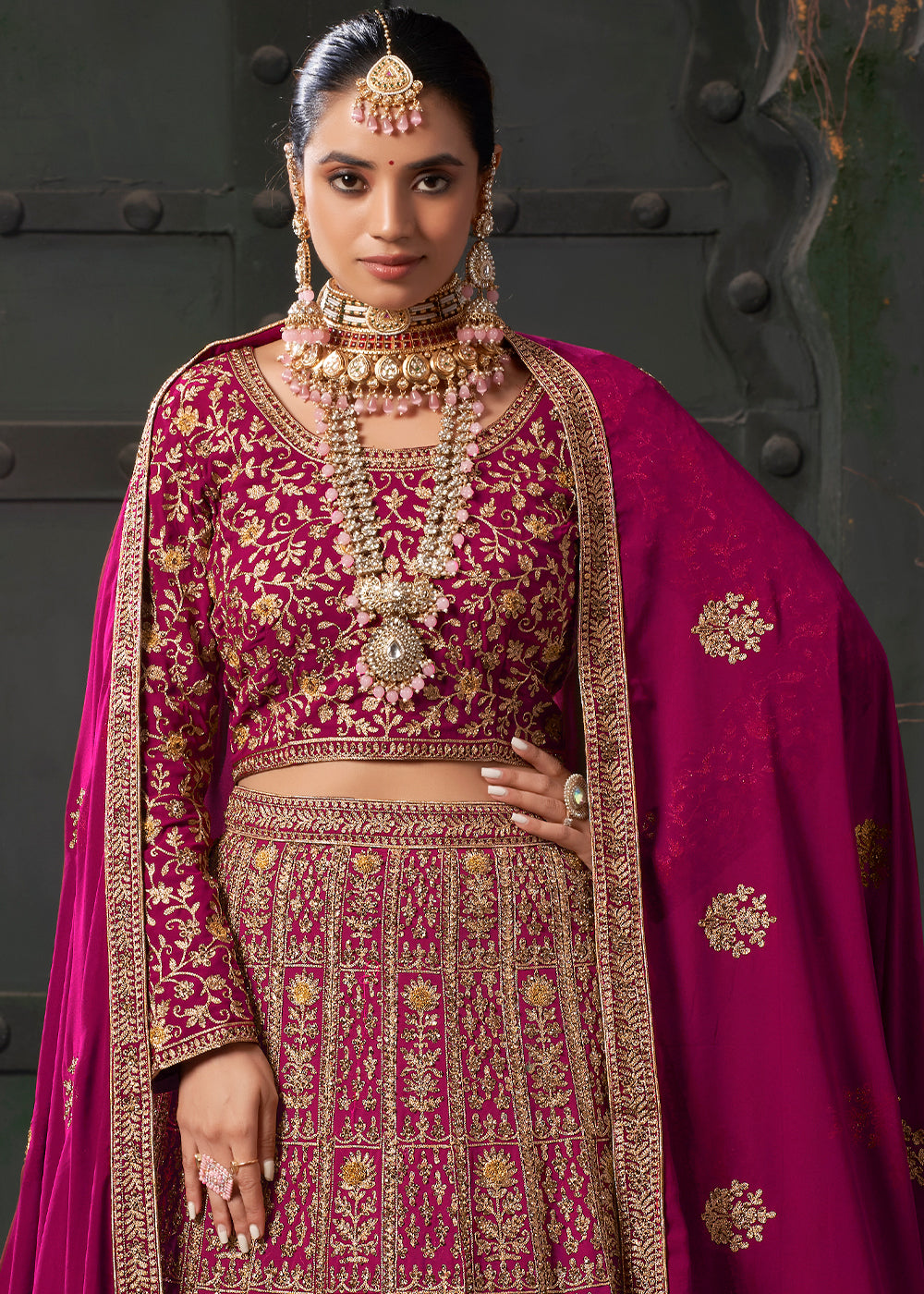 Hot Pink Georgette Lehenga Adorned with Zarkan and Coding Embroidery