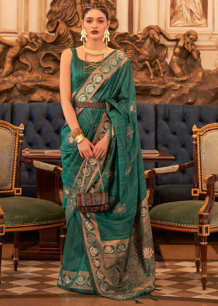 Dark Cyan Green Handloom Woven Tussar Silk Saree with Sequence work