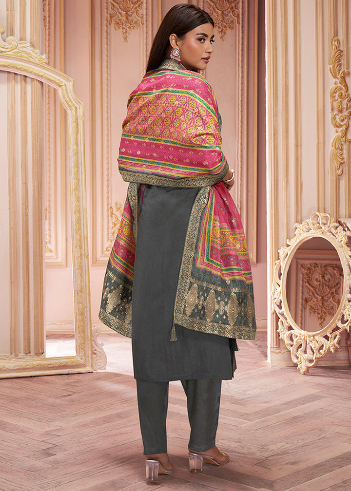 Iron Grey Dola Silk Suit Featuring Jacquard Pattern Weaving